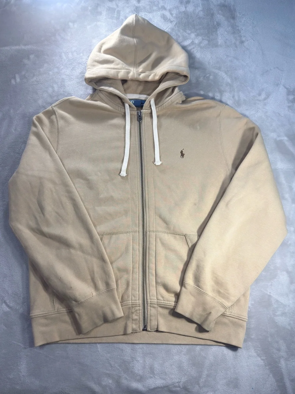 Vintage Polo Ralph Lauren Beige Full Zip Hoodie Men's Sz XL Waffle Lined